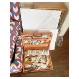 WOODEN ARTIST CASE WITH PAINTS, TOOLS, CANVAS AND