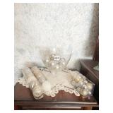 ORNAMENTS AND GLASS BOWL, DOILIES