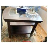 CURVED FRONT 3 TIER COFFEE TABLE W/ GLASS INSET