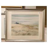 FRAMED AND MATTED FIELD AND WATER SCENE SIGNED