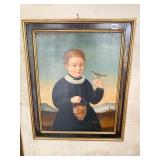 FOLK ART PAINTING BOY WITH BIRD AND BASKET OF