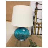 BLUE RIBBED GLASS BASE LAMP W/ WHITE SHADE CHROME