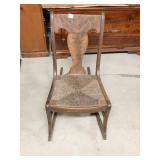 BURLED WOOD ANTIQUE ROCHE ROCKER WITH RUSH SEAT