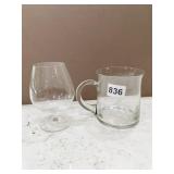 4 SHORT GLASS GOBLETS, 3 GLASS MUGS