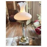 UNUSUAL CANDLE STICK LAMP W/ WHITE GLASS SHADE