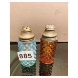 HOBNAIL SALT & PEPPER SHAKERS, BLUE AND AMBER,