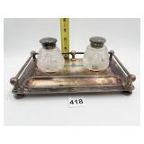 SILVERPLATED DESK INKWELL HOLDER W/ GALLERY AND