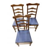 WOOD CHAIRS 3 BLUE UPHL. SEATS