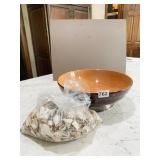 WOODEN DECORATIVE BOWL WITH SILVER BASE, 12"L,