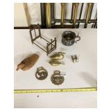 2 BRASS MEDALLIONS, TWO BRASS DUCKS, ANTIQUE DOLL