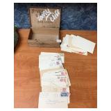 VINTAGE CANCELED ENVELOPES 1960S, AND WOODEN BOX