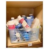 BIN OF CLEANING SUPPLIES, SPA TUB CLEANERS, SCRUB