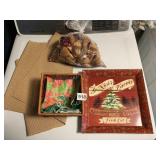 TABLE RUNNER, CHRISTMAS TRAY AND BASKET OF