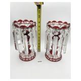 PAIR OF BOHEMIAN GLASS WITH CRYSTAL PRISM CANDLE