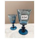 LENOX BLUE STEMMED GLASSES, 8 LARGE, 9 SMALL