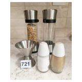 SALT AND PEPPER SHAKERS, JIGGER, OXO SALT AND