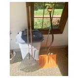 SHOVEL RAKE AND TRASH CAN