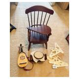 DOLL SCHOOL DESK CHAIR, WOOD INSTRUMENT, HANGERS