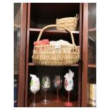 HAND PAINTED CHRISTMAS WINE GLASSES, BASKETS WITH