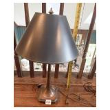 BRASS CENTER LAMP WITH WOOD BASE AND BLACK SHADE