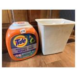 TIDE PODS (SOME USED), 12" PLASTIC TRASH CAN