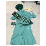 GIRL SCOUT UNIFORM INCLUDING BERET, SASH, BEL,