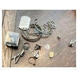 SILVER CUFF BRACELET AND RINGS, PINS ETC.