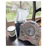 QUARTZ CLOCK W/ FLOWER DESIGN, CANDLE ETC.