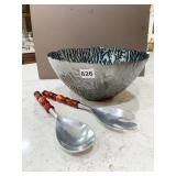 GLASS CORAL LOOK SALAD BOWL, BEADED HANDLE SILVER