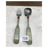 SILVER SERVING UTENSILS WITH INLAYED GEM, 10.5"L