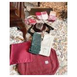 PLACEMAT SET W/ GOLD PLACEMATS, SCENTED CANDLES,