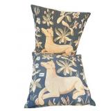 TAPESTRY THROW PILLOW W/ DOG AND FLORAL DESIGN