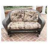 BROWN WICKER PATIO GLIDER WITH CUSHIONS