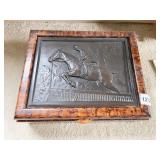BRONZE TOP HORSE W/ JOCKEY BOX, BURLED WOOD FRAME