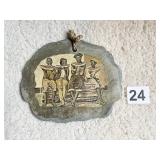 PRINT ON SLATE -PEOPLE SITTING ON A LOG EATING