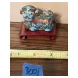 FOO DOG ENAMELED ON WOOD PEDESTAL