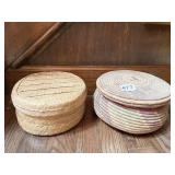 2 WOVEN COVERED BASKETS HAND MADE