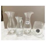 GLASS PITCHERS, ONE WITH HANDLE, STEMLESS GLASS