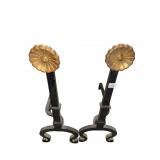 IRON AND BRONZE FLOWER TOP ANDIRONS VINTAGE PAIR