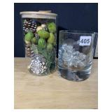 DECORATIVE PINECONES, STONES, GLASS VASES