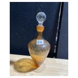 ETCHED AMBER DECANTER, CHIP IN STOPPER