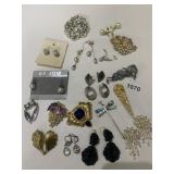 MISC COSTUME PINS, EARRINGS, SOME CLIP