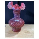 FENTON CRANBERRY RUFFLED EDGE VASE 10.5" H