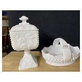 WESTMORELAND MILK GLASS CANDY DISH, HOBNAIL