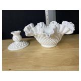 HOBNAIL MILK GLASS RUFFLE EDGE BOWL WITH 2 CANDLE