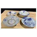 VINTAGE BLUE & GRAY BOWLS & PLATE, PLATE HAS