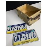 2 PA LICENSE PLATES, WOODEN BOX LEATHERLIKE
