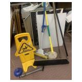 CAUTION SIGN, PUSH BROOM, MOP, PLUNGER, QUICKIE