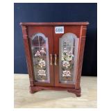VINTAGE JEWELRY BOX CHERRY WOOD WITH FLORAL GLASS