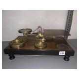LARGE BRASS ROBERVAL PARCEL SCALE ON WOOD BASE,
